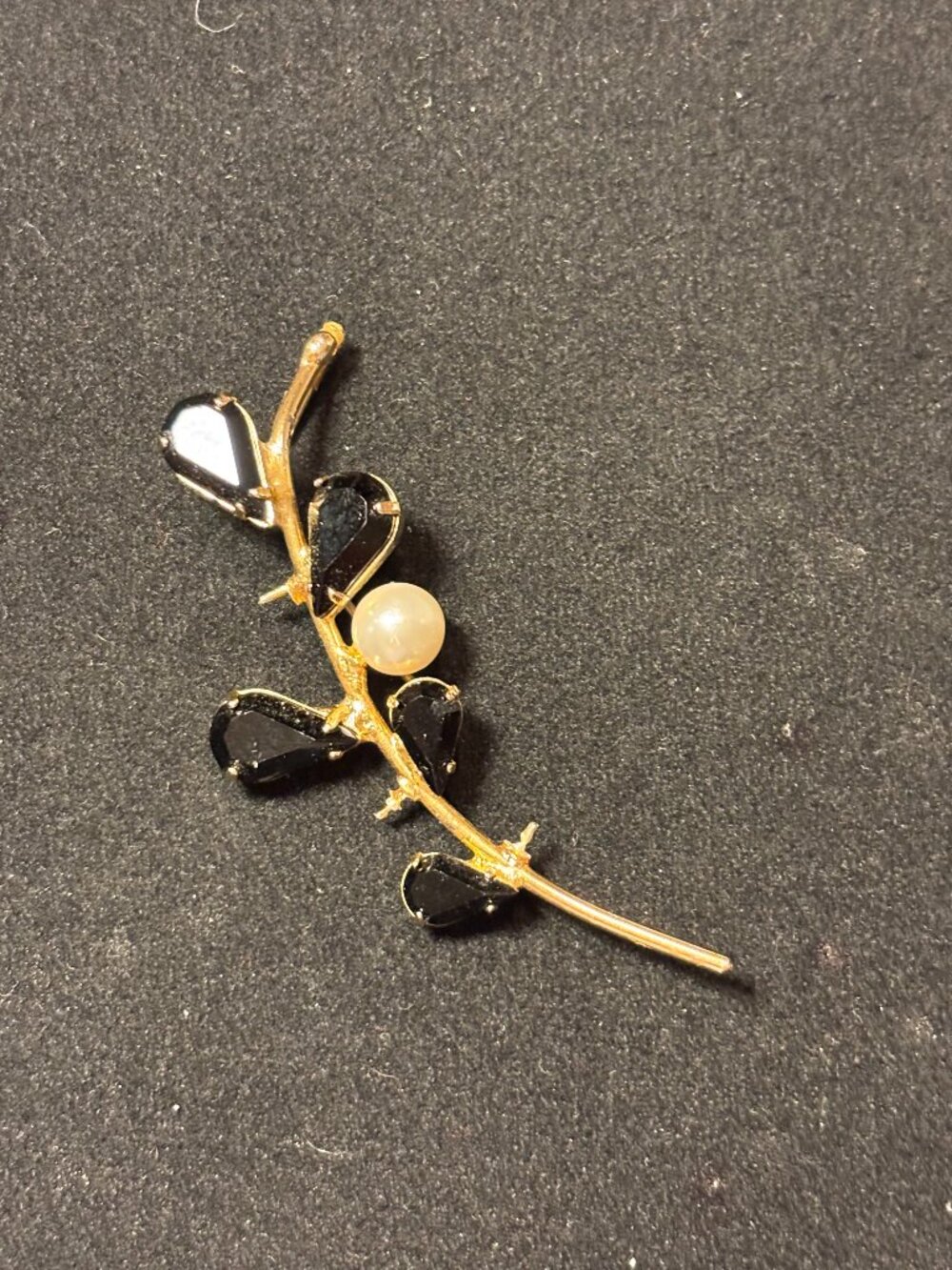 Vintage Gold Tone Thorny Stem Pearl & Black Teardrop Glass Stones Pin Brooch